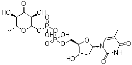 CAS # 16752-71-9, Thymidine 5'-diphosphate 4-keto-6-deoxy-D-glucose, dTDP-4-keto-6-deoxy-D-glucose, dTDP-6-deoxy-4-keto-alpha-D-glucose, Thymidine 5'-(trihydrogen diphosphate) P'-(6-deoxy-alpha-D-xylo-hexopyranos-4-ulos-1-yl) ester