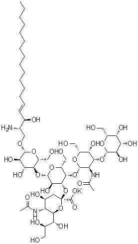 structure of CAS# 171483-40-2, (2S,3R,4E)-2-氨基-3-羟基-4-十八碳烯基 O-(N-乙酰基-alpha-神经胺酸基)-(2→3)-O-[O-beta-D-吡喃半乳糖基-(1→3)-2-(乙酰氨基)-2-脱氧-beta-D-吡喃半乳糖基-(1→4)]-O-beta-D-吡喃半乳糖基-(1→4)-beta-D-吡喃葡萄糖苷单钾盐