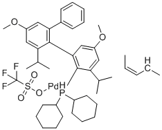 structure of CAS# 1798782-11-2, [(1,2,3-η)-2-丁烯-1-基][二环己基(3,6-二甲氧基-2',4',6'-三异丙基[1,1'-联苯]-2-基-κC1')膦-κP]钯(1+)，三氟甲烷磺酸盐(1:1)