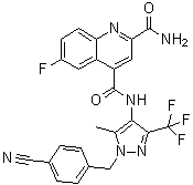 CAS # 1799753-63-1, N4-[1-[(4-Cyanophenyl)methyl]-5-methyl-3-(trifluoromethyl)-1H-pyrazol-4-yl]-6-fluoro-2,4-quinolinedicarboxamide