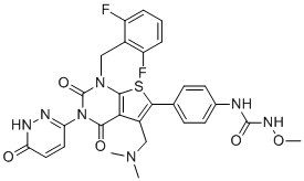 CAS # 1801551-07-4, Relugolix Impurity 12, 1-(4-(1-(2,6-Difluorobenzyl)-5-((dimethylamino)methyl)-2,4-dioxo-3-(6-oxo-1,6-dihydropyridazin-3-yl)-1,2,3,4-tetrahydrothieno[2,3-d]pyrimidin-6-yl)phenyl)-3-methoxyurea