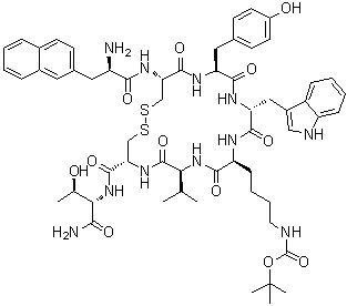 CAS 登录号：182482-12-8, 3-(2-萘基)-D-丙氨酰-L-半胱氨酰-L-酪氨酰-D-色氨酰-N6-[(1,1-二甲基乙氧基)羰基]-L-赖氨酰-L-缬氨酰-L-半胱氨酰-L-苏氨酰胺环(2→7)-二硫醚