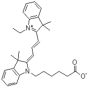 CAS 登录号：182682-04-8, 2-[3-[1-(5-羧基戊基)-1,3-二氢-3,3-二甲基-2H-吲哚-2-亚基]-1-丙烯基]-1-乙基-3,3-二甲基-3H-吲哚鎓内盐