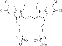 CAS # 18462-64-1, 5,6-Dichloro-2-[[5,6-dichloro-1-ethyl-3-(4-sulfobutyl)benzimidazol-2-ylidene]propenyl]-1-ethyl-3-(4-sulfobutyl)benzimidazolium inner salt sodium salt