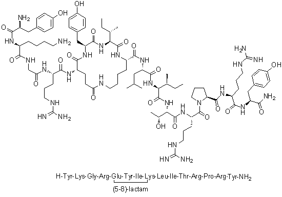 CAS # 185032-24-0, L-Tyrosyl-L-lysylglycyl-L-arginyl-L-alpha-glutamyl-L-tyrosyl-L-isoleucyl-L-lysyl-L-leucyl-L-isoleucyl-L-threonyl-L-arginyl-L-prolyl-L-arginyl-L-tyrosinamide (5→8)-lactam