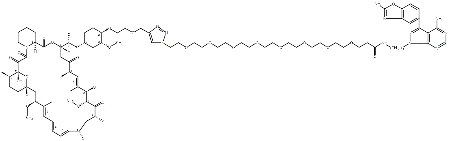 42-O-[2-[[1-[32-[4-氨基-3-(2-氨基-5-苯并恶唑基)-1H-吡唑并[3,4-d]嘧啶-1-基]-27-氧代-3,6,9,12,15,18,21,24-八氧杂-28-氮杂三十二烷-1-基]-1H-1,2,3-三唑-4-基]甲氧基]乙基]雷帕霉素分子结构 (CAS 1887095-82-0)