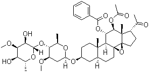 CAS # 191729-44-9, Tenacissoside I, Tenacissimoside B, (3beta,5alpha,11alpha,12beta,14beta,17alpha)-12-(Acetyloxy)-11-(benzoyloxy)-3-[[2,6-dideoxy-4-O-(6-deoxy-3-O-methyl-beta-D-allopyranosyl)-3-O-methyl-beta-D-arabino-hexopyranosyl]oxy]-8,14-epoxypregnan-20-one