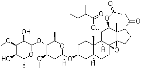 CAS # 191729-45-0, Tenacissoside H, Tenacissimoside C, (3beta,5alpha,11alpha,12beta,14beta,17alpha)-12-(Acetyloxy)-3-[[2,6-dideoxy-4-O-(6-deoxy-3-O-methyl-beta-D-allopyranosyl)-3-O-methyl-beta-D-arabinohexopyranosyl]oxy]-8,14-epoxy-11-(2-methyl-1-oxobutoxy)pregnan-20-one
