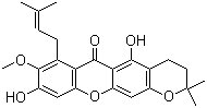 structure of CAS# 19275-46-8, 3,4-Dihydro-5,9-dihydroxy-8-methoxy-2,2-dimethyl-7-(3-methyl-2-butenyl)-2H,6H-pyrano[3,2-b]xanthen-6-one
