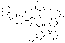 CAS # 198080-36-3, 5'-O-[Bis(4-methoxyphenyl)phenylmethyl]-2'-deoxy-5-fluoro-4-O-(2,4,6-trimethylphenyl)-uridine 3'-[2-cyanoethyl bis(1-methylethyl)phosphoramidite]