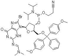 CAS # 198080-37-4, 5'-O-[Bis(4-methoxyphenyl)phenylmethyl]-8-bromo-2'-deoxy-N-[(dimethylamino)methylene]-guanosine 3'-[2-cyanoethyl bis(1-methylethyl)phosphoramidite]