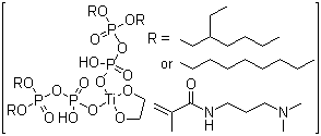 CAS # 198840-66-3, Bis[P,P-dioctyl diphosphato(2-)-kappaO'',kappaO''''][1,2-ethanediolato(2-)-kappaO1,kappaO2]titanate(2-) hydrogen branched and linear compds. with N-[3-(dimethylamino)propyl]-2-methyl-2-propenamide