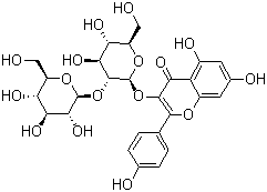 CAS # 19895-95-5, Kaempferol 3-O-beta-D-sophoroside, 3-[(2-O-beta-D-Glucopyranosyl-beta-D-glucopyranosyl)oxy]-5,7-dihydroxy-2-(4-hydroxyphenyl)-4H-1-benzopyran-4-one, Kaempferol 3-O-sophoroside, Sophoraflavonoloside