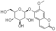 CAS # 20186-29-2, Esculin methyl ether, Isoscopoletin beta-D-glucopyranoside, Isoscopoletin-beta-D-glucoside, Isoscopolin, Methylesculin, Methylesculoside, 6-(beta-D-Glucopyranosyloxy)-7-methoxy-2H-1-benzopyran-2-one, 7-Methylesculin