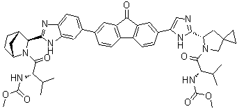 CAS 登录号：2040487-43-0, N-[(1S)-1-[[(6S)-6-[5-[7-[2-[(1R,3S,4S)-2-[(2S)-2-[(甲氧羰基)氨基]-3-甲基-1-氧代丁基]-2-氮杂双环[2.2.1]庚-3-基]-1H-苯并咪唑-6-基]-9-氧代-9H-芴-2-基]-1H-咪唑-2-基]-5-氮杂螺[2.4]庚-5-基]羰基]-2-甲基丙基]氨基甲酸甲酯