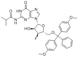CAS # 2080404-19-7, N2-iso-Butyroyl-5'-O-(4,4'-dimethoxytrityl)-3'-deoxy-3'-fluoroguanosine, 5'-O-[Bis(4-methoxyphenyl)(phenyl)methyl]-3'-deoxy-3'-fluoro-N-isobutyrylguanosine,N-(9-((2R,3S,4S,5R)-5-((Bis(4-methoxyphenyl)(phenyl)methoxy)methyl)-4-fluoro-3-hydroxytetrahydrofuran-2-YL)-6-oxo-6,9-dihydro-1H-purin-2-YL)isobutyramide