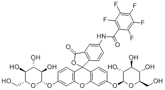 CAS # 209540-62-5, PFB-2G-Fluorescein, 2,3,4,5,6-pentafluoro-N-[3-oxo-3',6'-bis[[(2S,3R,4S,5S,6R)-3,4,5-trihydroxy-6-(hydroxymethyl)oxan-2-yl]oxy]spiro[2-benzofuran-1,9'-xanthene]-5-yl]benzamide