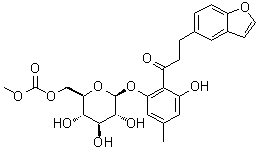 structure of CAS# 209746-59-8, 3-(5-苯并呋喃基)-1-[2-羟基-6-[[6-O-(甲氧羰基)-beta-D-吡喃葡萄糖基]氧基]-4-甲基苯基]-1-丙酮