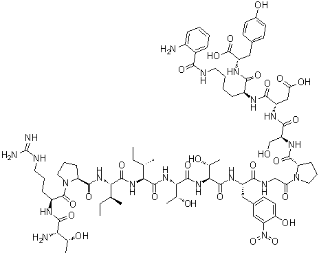 L-苏氨酰-L-精氨酰-L-脯氨酰-L-异亮氨酰-L-异亮氨酰-L-苏氨酰-L-苏氨酰-3-硝基-L-酪氨酰甘氨酰-L-脯氨酰-L-丝氨酰-L-alpha-天冬氨酰-N6-(2-氨基苯甲酰)-L-赖氨酰-L-酪氨酸分子结构 (CAS 213135-91-2)
