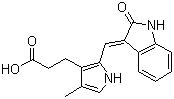 CAS # 215543-92-3, 2-[(1,2-Dihydro-2-oxo-3H-indol-3-ylidene)methyl]-4-methyl-1H-pyrrole-3-propanoic acid, 3-[3-(2-Carboxyethyl)-4-methylpyrrol-2-methylidenyl]-2-indolinone, SU 5402