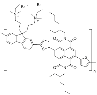 CAS # 2169941-79-9, PNDIT-F3N-Br, Poly[[2,7-bis(2-ethylhexyl)-1,2,3,6,7,8-hexahydro-1,3,6,8-tetraoxobenzo[lmn] [3,8]phenanthroline-4,9-diyl]-2,5-thiophenediyl[9,9-bis[3�((N,N-dimethyl)-N- ethylammonium)]propyl]-9H-fluorene-2,7-diyl]-2,5-thiophenediyl]
