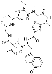 CAS # 221197-33-7, Zelkovamycin, Cyclo[2-aminobutanoyl-(2Z)-2-amino-2-butenoyl-N-methylglycyl-2-(1-aminoethyl)-4-thiazolecarbonyl-7-methoxytryptophyl-3-oxoisovalylglycyl]