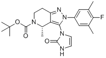 structure of CAS# 2212021-61-7, tert-Butyl (S)-2-(4-fluoro-3,5-dimethylphenyl)-4-methyl-3-(2-oxo-2,3-dihydro-1H-imidazol-1-yl)-2,4,6,7-tetrahydro-5H-pyrazolo[4,3-c]pyridine-5-carboxylate