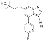 CAS 登录号：2222653-74-7, 4-(6-氟吡啶-3-基)-6-(2-羟基-2-甲基丙氧基)吡唑并[1,5-a]吡啶-3-甲腈