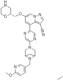 CAS 登录号：2222755-14-6, 4-[5-[6-[(6-甲氧基-3-吡啶基)甲基]-3,6-二氮杂双环[3.1.1]庚烷-3-基]-2-吡嗪基]-6-[(2R)-2-吗啉基甲氧基]吡唑并[1,5-a]吡啶-3-甲腈