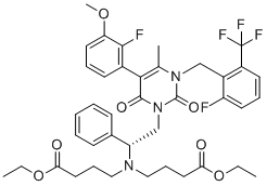 CAS # 2316733-81-8, Elagolix Diester Impurity, (R)-diethyl 4,4-((2-(5-(2-fluoro-3-methoxyphenyl)-3-(2-fluoro-6-(trifluoromethyl)benzyl)-4-methyl-2,6-dioxo-2,3-dihydropyrimidin-1(6H)-yl)-1-phenylethyl)azanediyl)dibutanoate