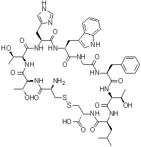 CAS # 244082-19-7, L-Cysteinyl-L-threonyl-L-threonyl-L-histidyl-L-tryptophylglycyl-L-phenylalanyl-L-threonyl-L-leucyl-L-cysteine cyclic (1→10)-disulfide, CTT 1