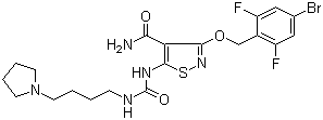 structure of CAS# 252003-65-9, 3-[(4-Bromo-2,6-difluorobenzyl)oxy]-5-[3-[4-(pyrrolidin-1-yl)butyl]ureido]isothiazole-4-carboxamide