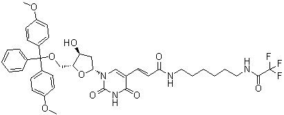 structure of CAS# 252337-59-0, 5'-O-[Bis(4-methoxyphenyl)phenylmethyl]-2'-deoxy-5-[3-oxo-3-[[6-[(2,2,2-trifluoroacetyl)amino]hexyl]amino]-1-propen-1-yl]uridine