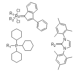 structure of CAS# 254972-49-1, [1,3-二氢-1,3-双(2,4,6-三甲基苯基)-2H-咪唑-2-亚基](3-苯基-1H-茚-1-亚基)(三环己基膦)二氯化钌