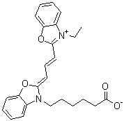 2-[3-[3-(5-羧基戊基)-2(3H)-苯并恶唑亚基]-1-丙烯-1-基]-3-乙基苯并恶唑鎓内盐分子结构 (CAS 260430-02-2)