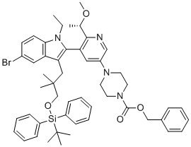 CAS 登录号：2641451-81-0, 苄基 (S)-4-(5-(5-溴-3-(3-((叔丁基二苯基硅基)氧基)-2,2-二甲基丙基)-1-乙基-1H-吲哚-2-基)-6-(1-甲氧基乙基)吡啶-3-基)哌嗪-1-羧酸酯