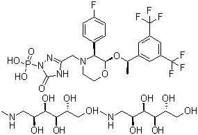 structure of CAS# 265121-04-8, 1-脱氧-1-(甲基氨基)-D-葡萄糖醇 [3-[[(2R,3S)-2-[(1R)-1-[3,5-双(三氟甲基)苯基]乙氧基]-3-(4-氟苯基)-4-吗啉基]甲基]-2,5-二氢-5-氧代-1H-1,2,4-三唑-1-基]膦酸盐
