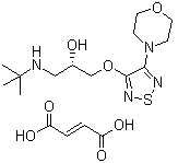 CAS # 26921-17-5, (S)-Timolol maleate, (S)-1-((1,1-Dimethylethyl)amino)-3-((4-(4-morpholinyl)-1,2,5-thiadiazol-3-yl)oxy)-2-propanol (Z)-2-butenedioate (1:1), (S)-3-[3-(tert-butylamino)-2-hydroxypropoxy]-4-morpholino-1,2,5-thiadiazole monomaleate