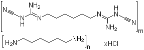 CAS # 27083-27-8, Poly(hexamethylenebicyanoguanide-hexamethylenediamine) hydrochloride, N,N'''-1,6-Hexanediylbis(N'-cyanoguanidine) hexamethylenediamine polymer hydrochloride, 2-[6-[[Amino-(cyanoamino)methylidene]amino]hexyl]-1-cyano-guanidine hexane-1,6-diamine polymer hydrochloride