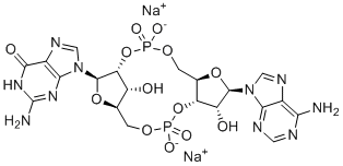 CAS # 2734858-36-5, 2',3'-cGAMP sodium salt, Disodium 2-amino-9-[(1R,6R,8R,9R,10S,15R,17R,18R)-8-(6-aminopurin-9-yl)-9,18-dihydroxy-3,12-dioxido-3,12-dioxo-2,4,7,11,13,16-hexaoxa-3?5,12?5-diphosphatricyclo[13.2.1.06,10]octadecan-17-yl]-1H-purin-6-one