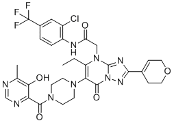 CAS # 2869954-34-5, Werner syndrome RecQ helicase-IN-1, HRO761, N-[2-chloro-4-(trifluoromethyl)phenyl]-2-[2-(3,6-dihydro-2H-pyran-4-yl)-5-ethyl-6-[4-(5-hydroxy-6-methylpyrimidine-4-carbonyl)piperazin-1-yl]-7-oxo-[1,2,4]triazolo[1,5-a]pyrimidin-4-yl]acetamide