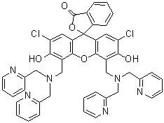 structure of CAS# 288574-78-7, 4',5'-Bis[[bis(2-pyridinylmethyl)amino]methyl]-2',7'-dichloro-3',6'-dihydroxyspiro[isobenzofuran-1(3H),9'-[9H]xanthen]-3-one