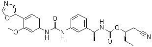 structure of CAS# 297730-17-7, [(1S)-1-[3-[[[[3-甲氧基-4-(5-恶唑基)苯基]氨基]羰基]氨基]苯基]乙基]氨基甲酸 (1R)-1-(氰基甲基)丙基酯