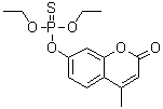 CAS # 299-45-6, Potasan, 4-Methylumbelliferone O,O-diethyl thiophosphate, 7-Hydroxy-4-methylcoumarin diethoxythiophosphoric acid ester, Diethyl (4-methylumbelliferyl) thionophosphate, Diethyl methylcoumarinyl thiophosphate, E 838, O,O-Diethyl O-(2-keto-4-methyl-7-alpha',beta'-benzo-alpha'-pyranyl) thiophosphate, O,O-Diethyl O-(4-methyl-7-coumarinyl) phosphorothioate, O,O-Diethyl O-(4-methylumbelliferone) phosphorothioate, Potasan, Potasan-G-liquid