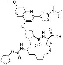 CAS # 300832-84-2, Ciluprevir, (2R,6S,12Z,13aS,14aR,16aS)-6-[[(Cyclopentyloxy)carbonyl]amino]-1,2,3,6,7,8,9,10,11,13a,14,15,16,16a-tetradecahydro-2-[[7-methoxy-2-[2-[(1-methylethyl)amino]-4-thiazolyl]-4-quinolinyl]oxy]-5,16-dioxocyclopropa[e]pyrrolo[1,2-a][1,4]diazacyclopentadecine-14a(5H)-carboxylic acid , BILN 2061, BILN 2061ZW