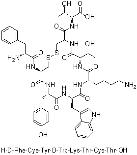 D-苯丙氨酰-L-半胱氨酰-L-酪氨酰-D-色氨酰-L-赖氨酰-L-苏氨酰-L-半胱氨酰-L-苏氨酸环(2→7)-二硫醚分子结构 (CAS 302794-43-0)
