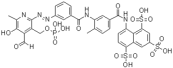 CAS # 312965-57-4, 8-[[3-[[3-[[4-Formyl-5-hydroxy-6-methyl-3-[(phosphonooxy)methyl]-2-pyridinyl]azo]benzoyl]amino]-4-methylbenzoyl]amino]-1,3,5-naphthalenetrisulfonic acid