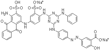 CAS # 32582-78-8, 5-[[4-[[4-[[4-[(4-Amino-9,10-dihydro-9,10-dioxo-3-sulfo-1-anthracenyl)amino]-2-sulfophenyl]amino]-6-(phenylamino)-1,3,5-triazin-2-yl]amino]phenyl]azo]-2-hydroxybenzoic acid disodium salt
