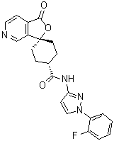 structure of CAS# 328232-95-7, trans-N-[1-(2-Fluorophenyl)-1H-pyrazol-3-yl]-1'-oxospiro[cyclohexane-1,3'(1'H)-furo[3,4-c]pyridine]-4-carboxamide
