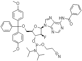 structure of CAS# 329187-86-2, N-[9-[5-O-[Bis(4-methoxyphenyl)phenylmethyl]-3-O-[[bis(1-methylethyl)amino](2-cyanoethoxy)phosphino]-2-deoxy-2-fluoro-beta-D-arabinofuranosyl]-9H-purin-6-yl]benzamide